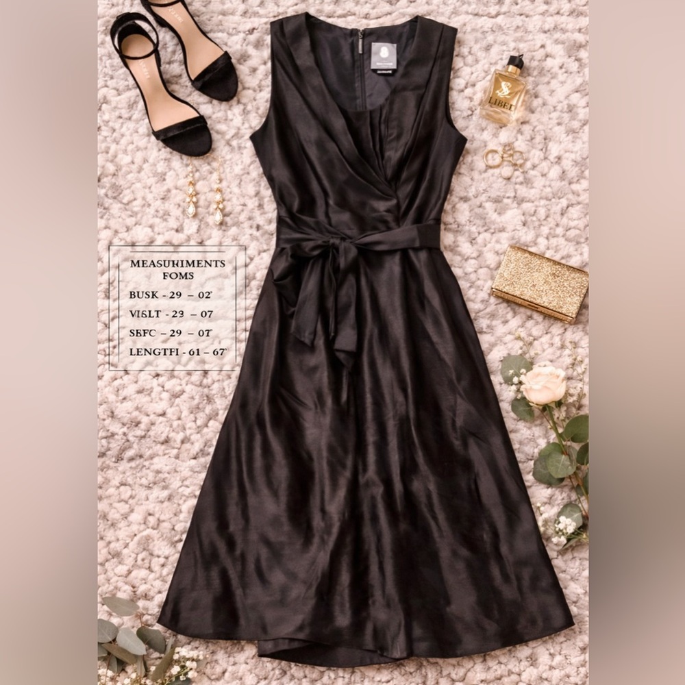 Anthropologie Black Luxury Midi Dress Size 8 Tie Waist Cocktail Party Quillaree - Picture 2 of 9